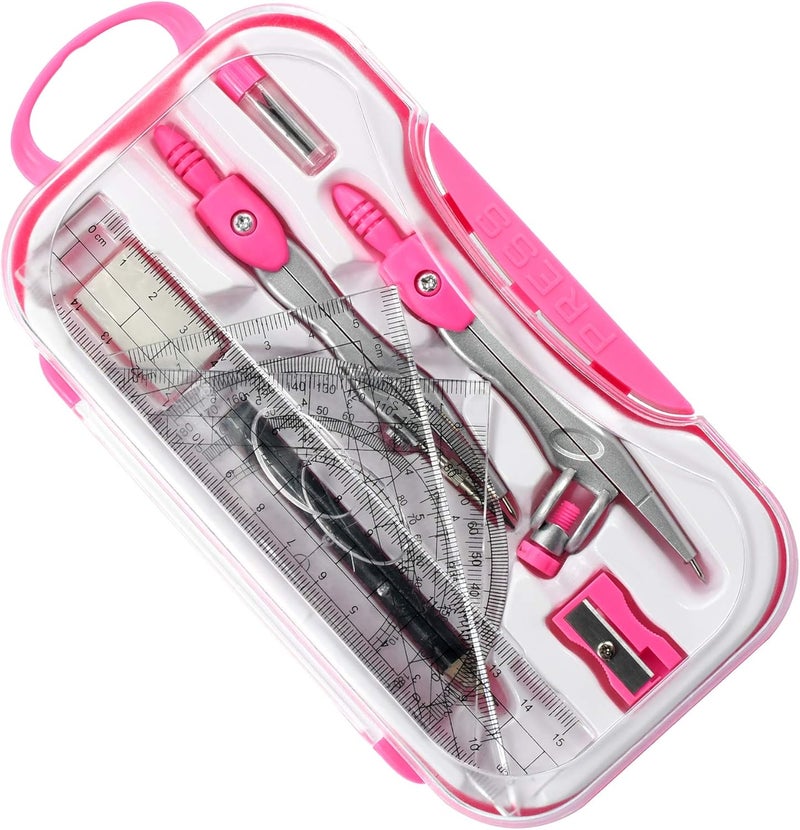 Vobou 10 Pieces Math Geometry Kit Set Student Supplies with Shatterproof Storage Box,Includes Rulers,Protractor,Compass,Eraser,Pencil Sharpener,Lead Refills,Pencil,for School and Drawings（Pink） - Image 3